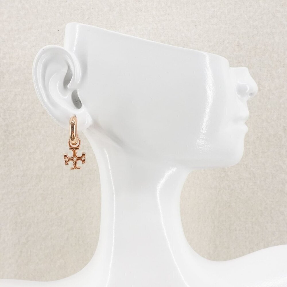 Tory Burch Kira Logo Drop Huggie Hoop Earrings Rose Gold OS - Picture 12 of 12